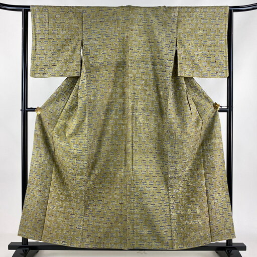 小紋 身丈157.5cm 裄丈63cm S 袷 幾何学 絞り 茶緑色 正絹 秀品 【中古】 小紋 身丈157.5cm 裄丈63cm S 袷 幾何学 絞り 茶緑色 正絹 秀品 【中古】