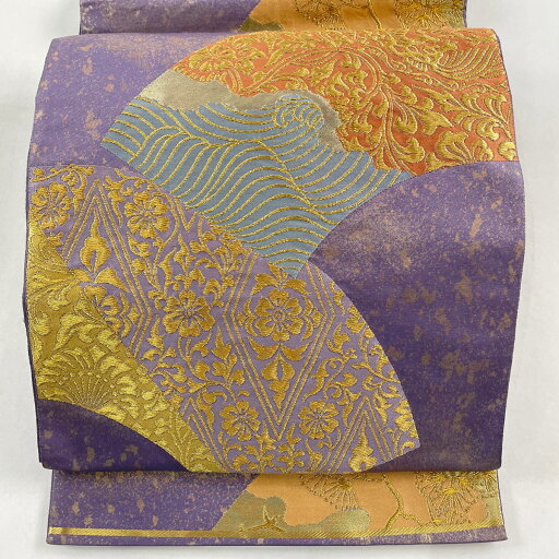 袋帯 美品 秀品 落款あり 関西仕立て 扇面 若松 箔 紫 六通 正絹 【中古】 袋帯 美品 秀品 落款あり 関西仕立て 扇面 若松 箔 紫 六通 正絹 【中古】