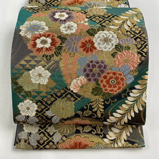 袋帯 美品 秀品 草花 花菱 金通し 箔 緑 六通 正絹 【中古】 袋帯 美品 秀品 草花 花菱 金通し 箔 緑 六通 正絹 【中古】