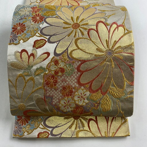 袋帯 美品 秀品 草花 雪輪 金銀糸 ベージュ 六通 正絹 【中古】 msp50 袋帯 美品 秀品 草花 雪輪 金銀糸 ベージュ 六通 正絹 【中古】 msp50