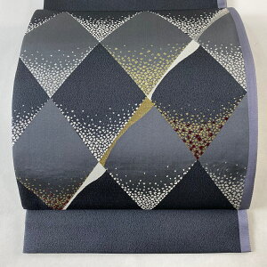 袋帯 美品 逸品 落款あり 織人 青木利晴 西陣織 本金糸 プラチナ糸 リバーシブル 幾何学 箔 黒灰 六通 正絹 【中古】