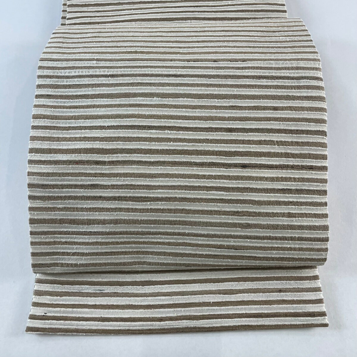 袋帯 逸品 紬地 縞 ベージュ 全通 正絹 【中古】