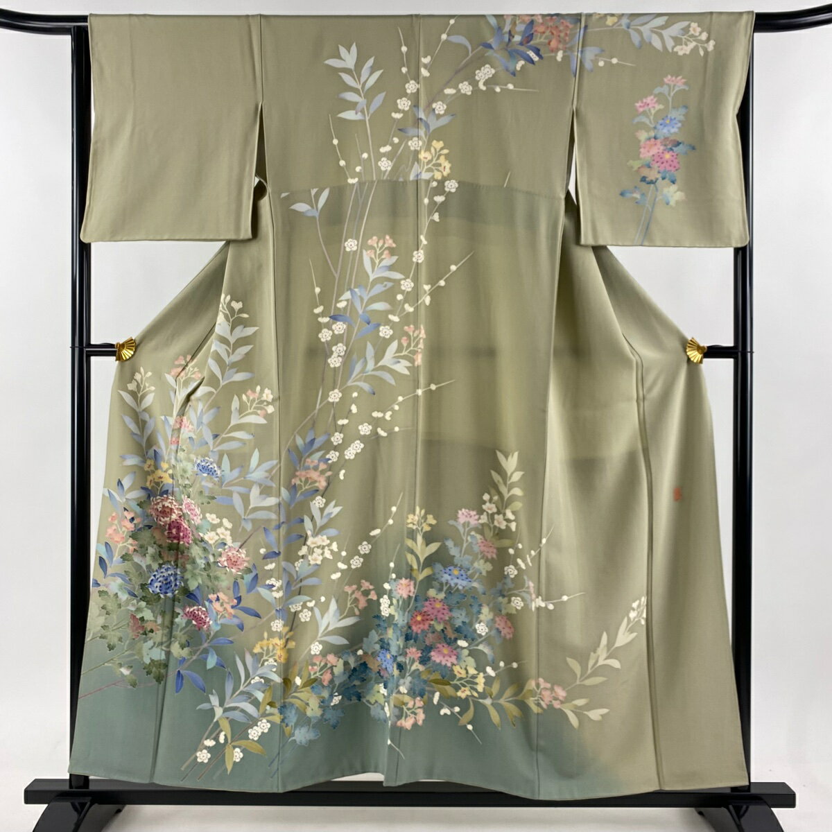 訪問着 身丈155cm 裄丈66cm M 袷 落款あり 菊 梅 ぼかし 灰緑 正絹 逸品 【中古】 msp30