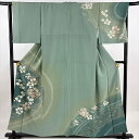 付下げ 身丈154.5cm 裄丈66cm M 袷 滝泰 落款あり 菊 松竹梅 金銀彩 絞り 灰緑 正絹 名品 一つ紋 【中古】 msp50(4)