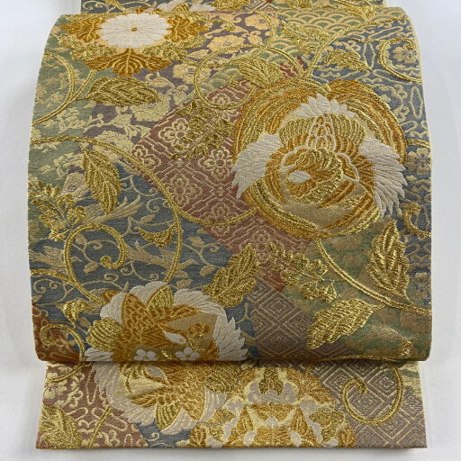 袋帯 美品 秀品 鳥 唐草 金糸 箔 金色 六通 正絹 【中古】 袋帯 美品 秀品 鳥 唐草 金糸 箔 金色 六通 正絹 【中古】