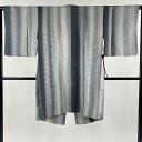 道中着 身丈101cm 裄丈62cm S 和装コート 縦縞 地紋 青灰色 正絹 美品 逸品 【中古】