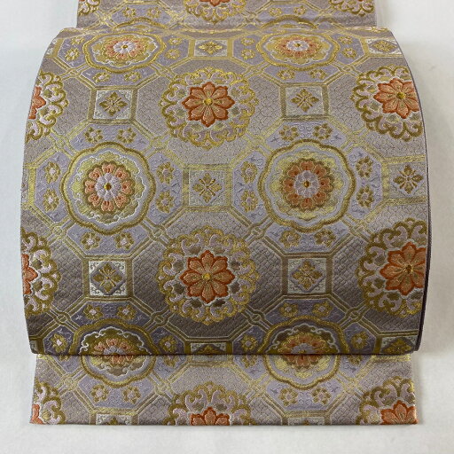 袋帯 秀品 落款あり 本家加納 蜀江華文 花唐草 金糸 箔 灰紫 六通 正絹 【中古】 袋帯 秀品 落款あり 本家加納 蜀江華文 花唐草 金糸 箔 灰紫 六通 正絹 【中古】