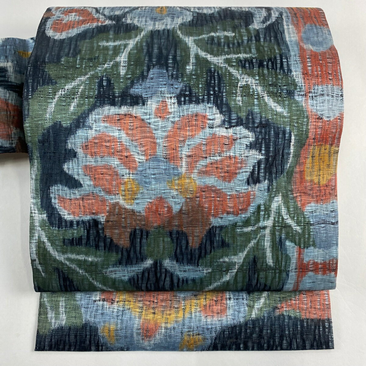 名古屋帯 美品 秀品 ますいわ屋 草花 深緑 正絹 【中古】