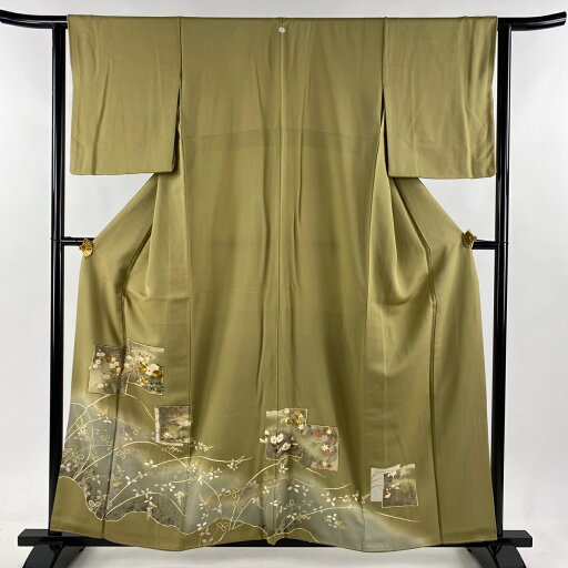 色留袖 身丈158cm 裄丈62.5cm S 袷 色紙 草花 金糸 金銀彩 鶯色 正絹 秀品 一つ紋 【中古】 色留袖 身丈158cm 裄丈62.5cm S 袷 色紙 草花 金糸 金銀彩 鶯色 正絹 秀品 一つ紋 【中古】