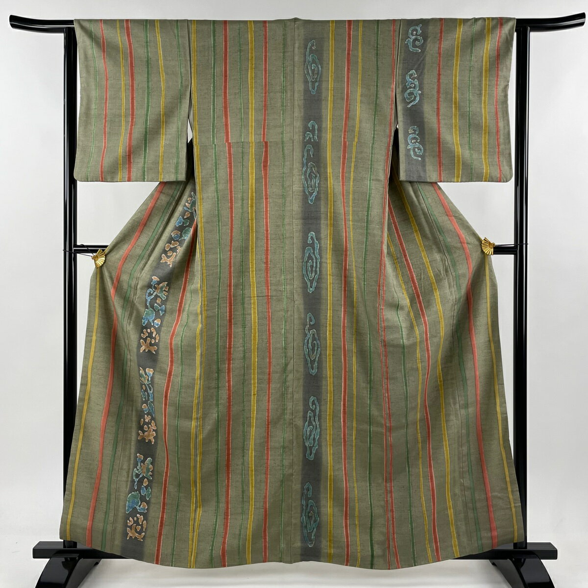 付下げ 身丈161cm 裄丈63cm S 袷 紬地 縦縞 草花 灰緑 正絹 秀品 【中古】 msp30