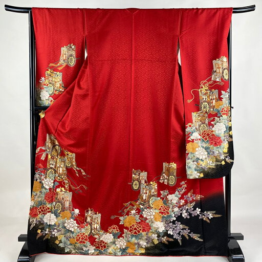 振袖 身丈170.5cm 裄丈66cm M 袷 御所車 牡丹 金糸 金彩 赤 正絹 秀品 【中古】 msp50 振袖 身丈170.5cm 裄丈66cm M 袷 御所車 牡丹 金糸 金彩 赤 正絹 秀品 【中古】 msp50