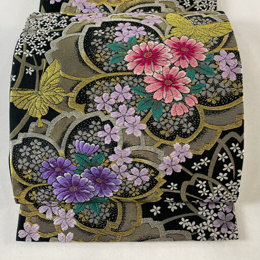 袋帯 美品 秀品 菊 蝶 箔 唐織 黒 お太鼓柄 正絹 【中古】 msp30 袋帯 美品 秀品 菊 蝶 箔 唐織 黒 お太鼓柄 正絹 【中古】 msp30
