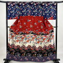 訪問着 身丈160cm 裄丈64cm M 袷 花鳥 宝尽くし 金彩 紺色 正絹 秀品 【中古】