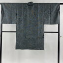 道中着 身丈105.5cm 裄丈67cm M 和装コート 紬地 葉柄 幾何学模様 青灰色 正絹 美品 逸品 【中古】