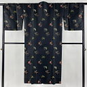 道行 身丈131cm 裄丈67cm M 和装コート 角衿 菊 枝梅 黒 正絹 美品 逸品 【中古】