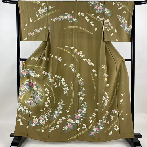 訪問着 身丈162cm 裄丈65cm M 袷 落款あり 花丸文 ぼかし 茶緑色 正絹 名品 【中古】 msp30 訪問着 身丈162cm 裄丈65cm M 袷 落款あり 花丸文 ぼかし 茶緑色 正絹 名品 【中古】 msp30