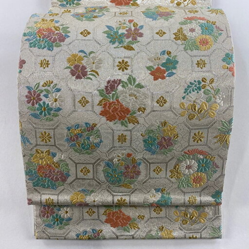 【最終値引き】 袋帯 名品 蜀江文 草花 箔 金糸 銀色 六通 正絹 【中古】 msp70 【最終値引き】 袋帯 名品 蜀江文 草花 箔 金糸 銀色 六通 正絹 【中古】 msp70