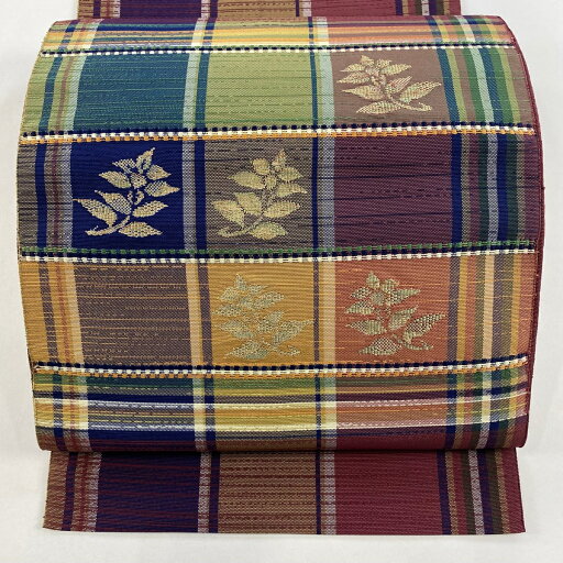 名古屋帯 秀品 八寸名古屋帯 松葉仕立て 草花 縞 金糸 紫 正絹 【中古】 名古屋帯 秀品 八寸名古屋帯 松葉仕立て 草花 縞 金糸 紫 正絹 【中古】