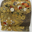 袋帯 秀品 向かい鶴 桜 金糸 箔 金色 六通 正絹 【中古】 msp50