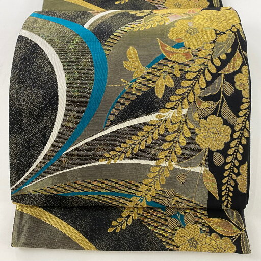 袋帯 美品 秀品 辻が花柄 金糸 箔 黒 六通 正絹 【中古】 袋帯 美品 秀品 辻が花柄 金糸 箔 黒 六通 正絹 【中古】