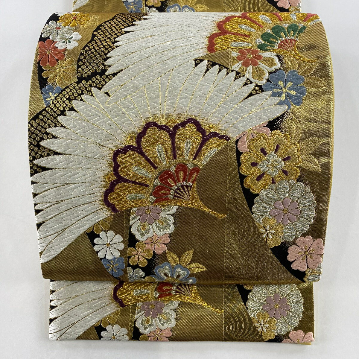 袋帯 美品 秀品 草花 波 唐織 箔 金色 六通 正絹 【中古】 msp70