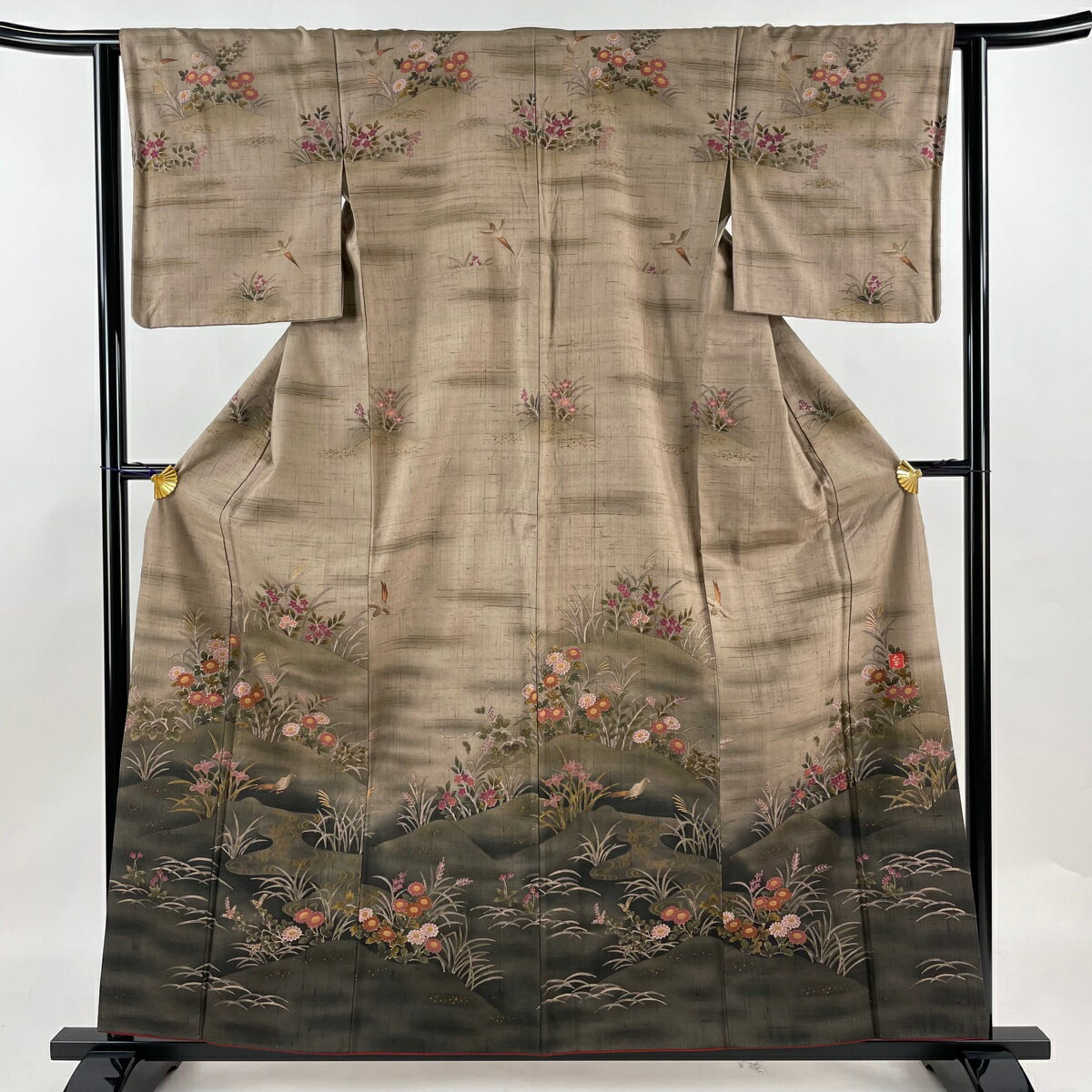 訪問着 身丈157.5cm 裄丈62cm S 袷 花井幸子 紬地 落款あり 草花 鳥 茶色 正絹 秀品 【中古】