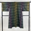 道中着 身丈125cm 裄丈66.5cm M 和装コート 着物衿 紬地 縞 灰緑 正絹 美品 逸品 【中古】 msp50