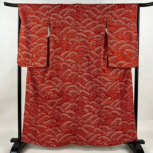 訪問着 身丈160.5cm 裄丈67cm M 袷 片輪車 流水 総絞り 朱色 正絹 秀品 【中古】 訪問着 身丈160.5cm 裄丈67cm M 袷 片輪車 流水 総絞り 朱色 正絹 秀品 【中古】