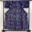 浴衣 身丈155cm 裄丈63.5cm 絞り浴衣 蝶 斜縞 絞り 紺色 綿 美品 名品 【中古】