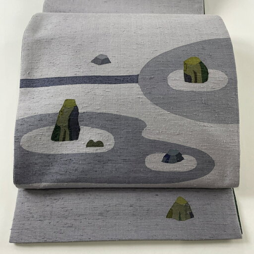 袋帯 美品 秀品 紬地 枯山水 灰紫 お太鼓柄 正絹 【中古】 袋帯 美品 秀品 紬地 枯山水 灰紫 お太鼓柄 正絹 【中古】