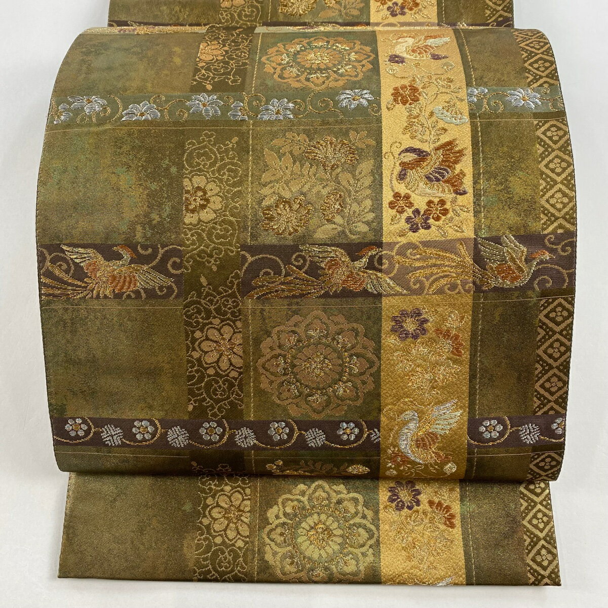 袋帯 美品 秀品 華文 鳥 金銀糸 箔 茶緑色 六通 正絹 【中古】