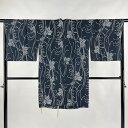 道行 身丈96.5cm 裄丈68cm L 和装コート 角衿 菊 紺色 正絹 美品 名品 【中古】