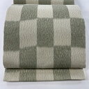 袋帯 美品 秀品 変わり市松 金糸 灰緑 全通 正絹 【中古】
