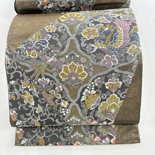 袋帯 美品 秀品 草花 鳳凰 金糸 箔 灰色 六通 正絹 【中古】 袋帯 美品 秀品 草花 鳳凰 金糸 箔 灰色 六通 正絹 【中古】
