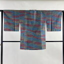 道行 身丈83cm 裄丈63cm S 和装コート 角衿 霞 幾何学模様 灰緑 正絹 秀品 【中古】