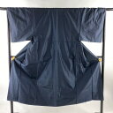 男着物 身丈141.5cm 裄丈66.5cm M 袷 アンサンブル 紬 格子 濃紺 正絹 美品 秀品 【中古】