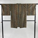 道行 身丈94cm 裄丈68cm L 和装コート 角衿 斜格子 縞 茶緑色 正絹 秀品 【中古】