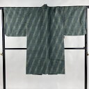 道中着 身丈105cm 裄丈68cm L 紬地 和装コート 着物衿 斜縞 ぼかし 灰緑 正絹 美品 逸品 【中古】