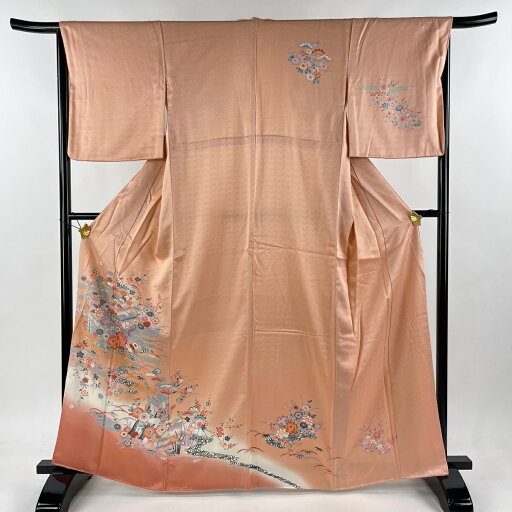 訪問着 身丈164cm 裄丈65cm M 袷 建物 松竹梅 金彩 ぼかし サーモンピンク 正絹 秀品 【中古】 msp30 訪問着 身丈164cm 裄丈65cm M 袷 建物 松竹梅 金彩 ぼかし サーモンピンク 正絹 秀品 【中古】 msp30