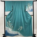 付下げ 身丈162.5cm 裄丈63cm S 袷 枝垂れ桜 八橋 金銀彩 ぼかし 青緑 正絹 秀品 【中古】