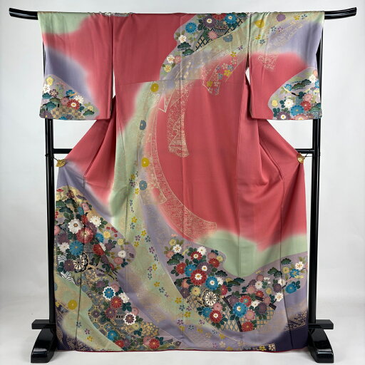 訪問着 身丈169.5cm 裄丈69cm L 袷 花籠 有職文様 金彩 ピンク 正絹 名品 【中古】 訪問着 身丈169.5cm 裄丈69cm L 袷 花籠 有職文様 金彩 ピンク 正絹 名品 【中古】