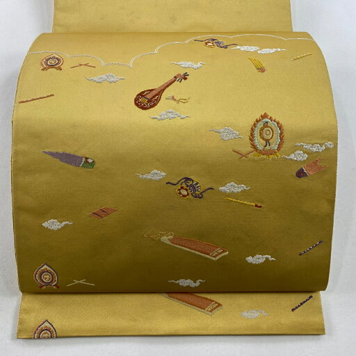 袋帯 美品 秀品 宝尽くし 箔 金糸 山吹色 お太鼓柄 正絹 【中古】 袋帯 美品 秀品 宝尽くし 箔 金糸 山吹色 お太鼓柄 正絹 【中古】