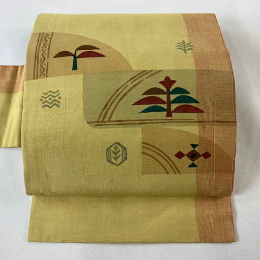 名古屋帯 美品 秀品 紬地 樹木 幾何学 薄黄 正絹 【中古】 msp50 名古屋帯 美品 秀品 紬地 樹木 幾何学 薄黄 正絹 【中古】 msp50