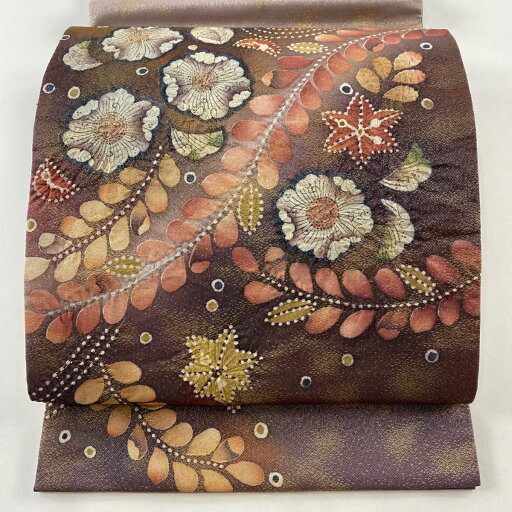 袋帯 美品 名品 辻が花 銀通し 箔 灰紫 お太鼓柄 正絹 【中古】 msp50 袋帯 美品 名品 辻が花 銀通し 箔 灰紫 お太鼓柄 正絹 【中古】 msp50