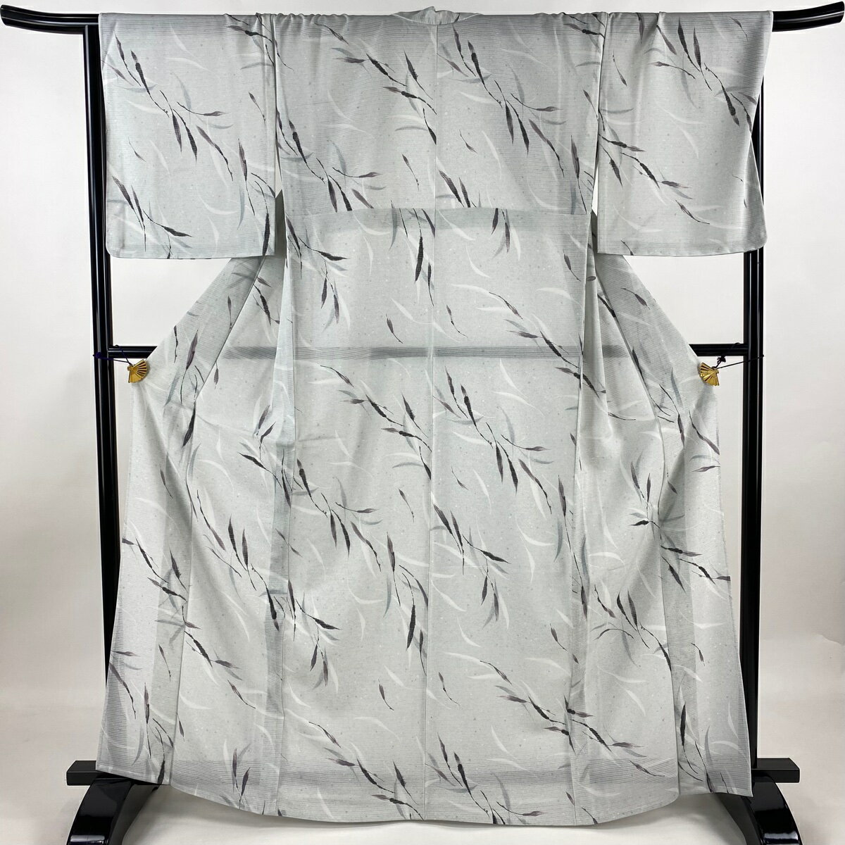 小紋 身丈164.5cm 裄丈67.5cm L 薄物 絽 葉柄 幾何学模様 青灰色 正絹 秀品 【中古】