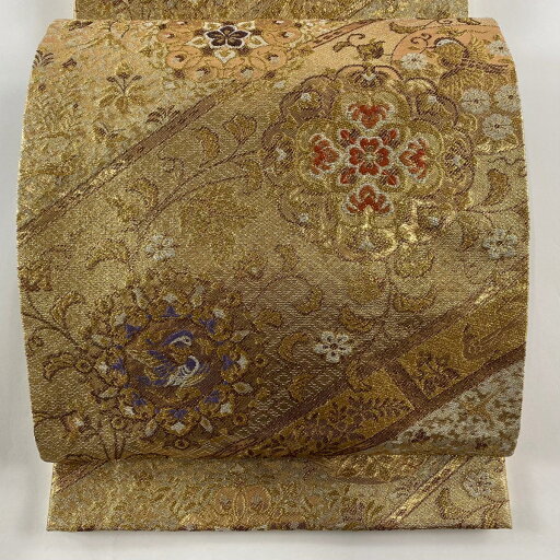袋帯 美品 秀品 煌彩箔 華文 花鳥 金糸 箔 金色 六通 正絹 【中古】 袋帯 美品 秀品 煌彩箔 華文 花鳥 金糸 箔 金色 六通 正絹 【中古】