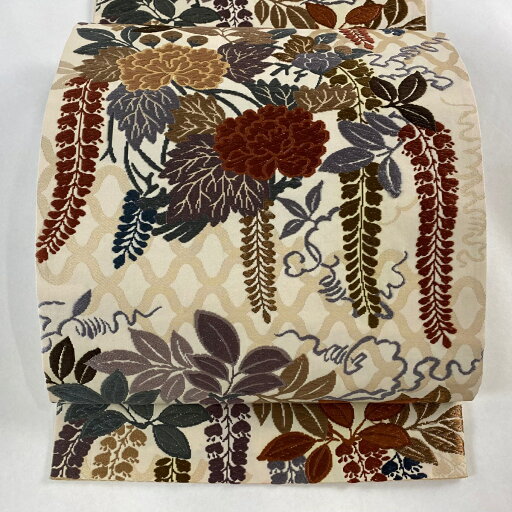 袋帯 秀品 関西仕立て 牡丹 藤 唐織 箔 ベージュ 六通 正絹 【中古】 袋帯 秀品 関西仕立て 牡丹 藤 唐織 箔 ベージュ 六通 正絹 【中古】