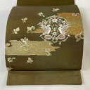 開き名古屋帯 美品 秀品 向かい鳥 草花 刺繍 金糸 茶緑色 正絹 【中古】 msp30