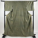 付下げ 身丈165cm 裄丈68cm L 袷 落款あり 鳥 霞 金彩 茶緑色 正絹 秀品 一つ紋 【中古】