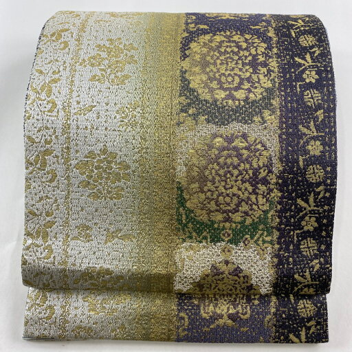 袋帯 美品 名品 華文 笹蔓 金糸 箔 紫 六通 正絹 【中古】 袋帯 美品 名品 華文 笹蔓 金糸 箔 紫 六通 正絹 【中古】